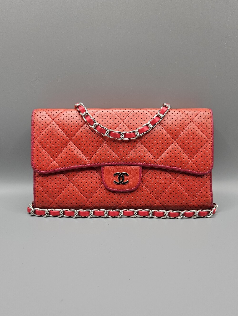 🌺Chanel Authentic Quilted Perforated Coral Red Leather Wallet/Clutch🌺